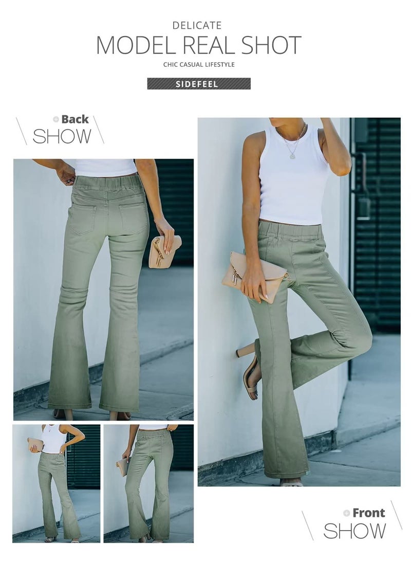 Sidefeel Women's Bell Bottoms Jeans Flared Elastic Waist Wide Legs Denim Pants Green Size 12 - Image 4